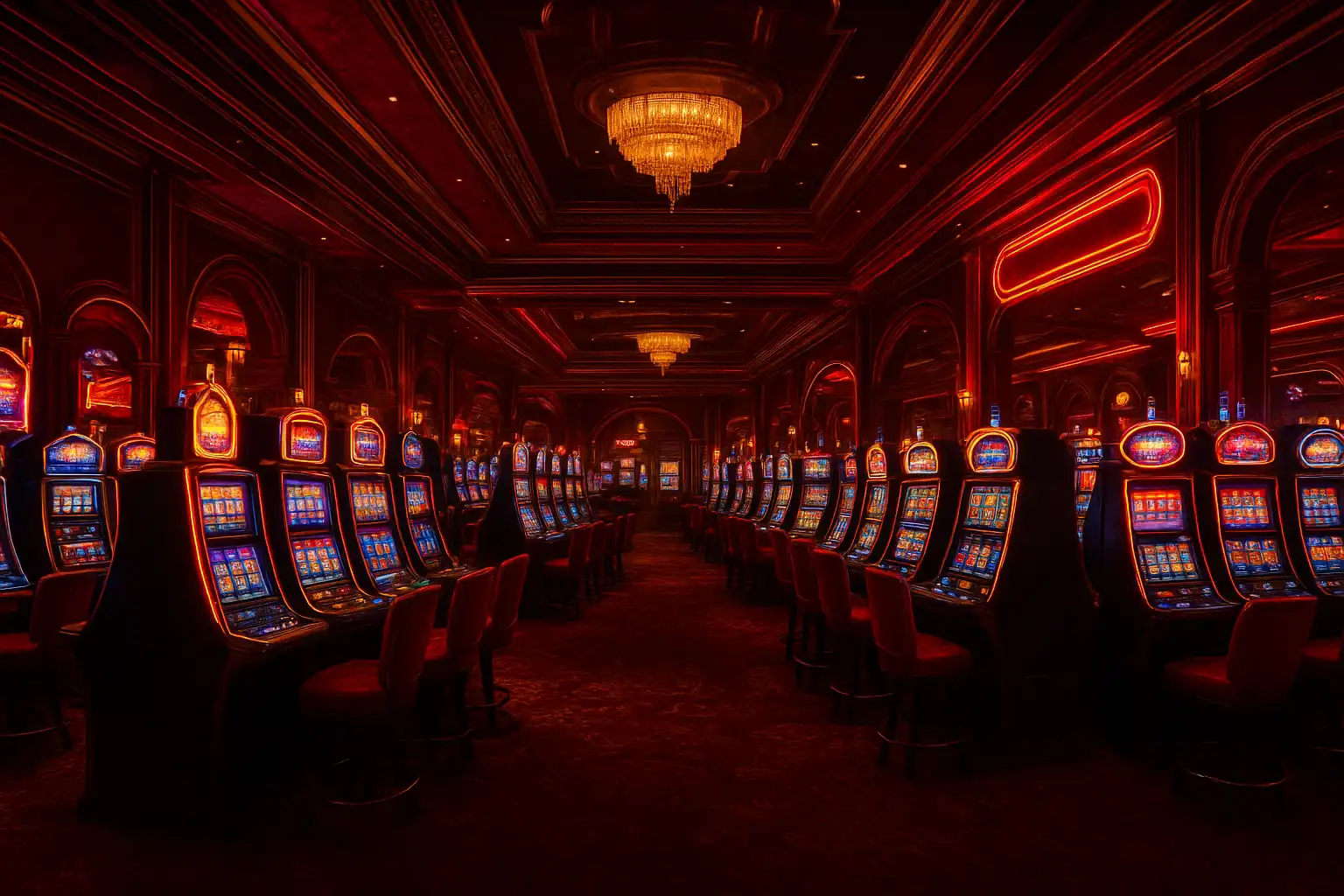 Interior de casino Vegas con luces doradas y rojas