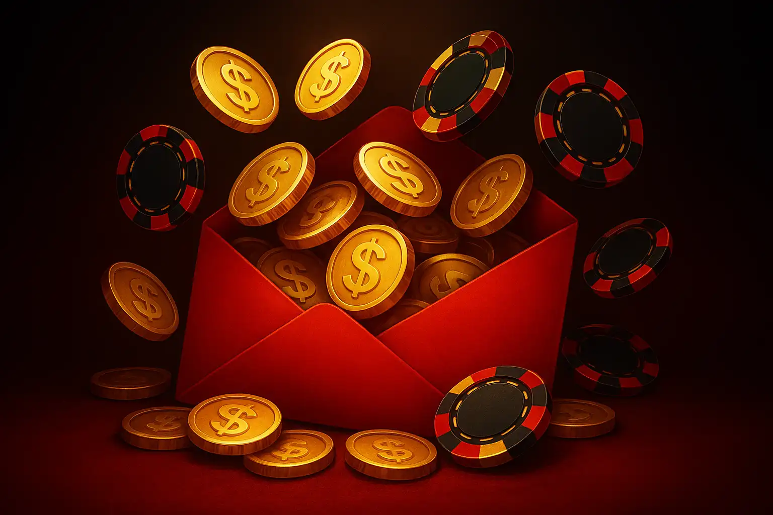 Monedas y fichas doradas apiladas junto a un sobre de bono rojo en Norsemania